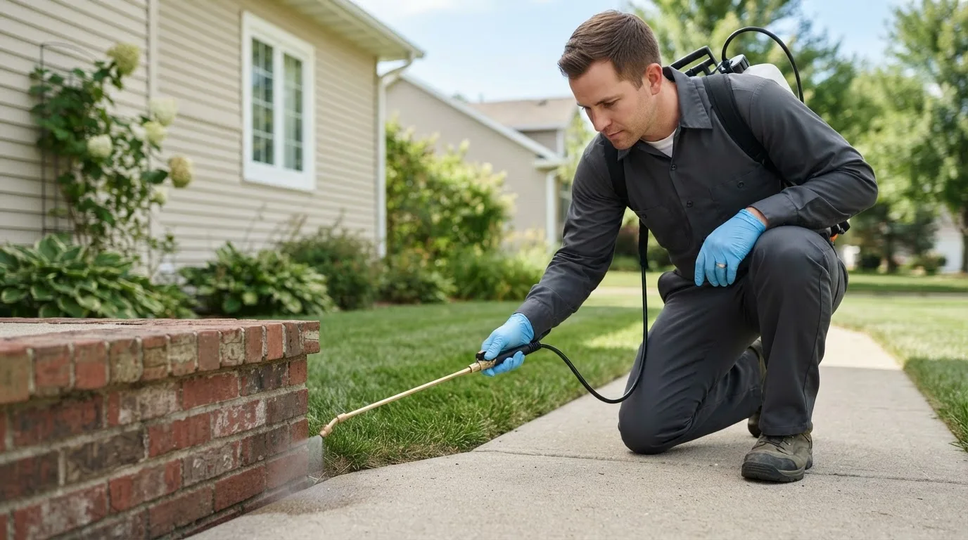 Pest control technician treating a home near Peconic, NY