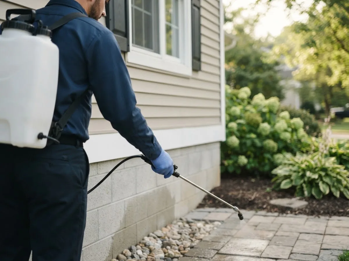 Pest control technician inspecting a home in Peconic, NY